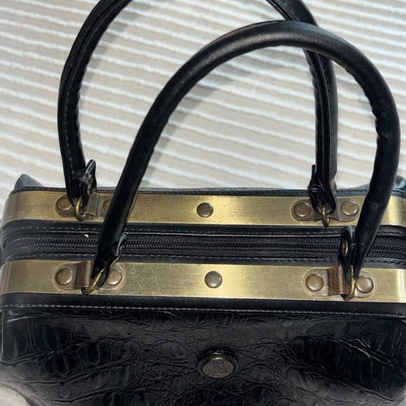 CHENSON Black Croc Pattern Faux Leather Doctor‎ Satchel Purse Bag Brass Trim - Picture 4 of 16